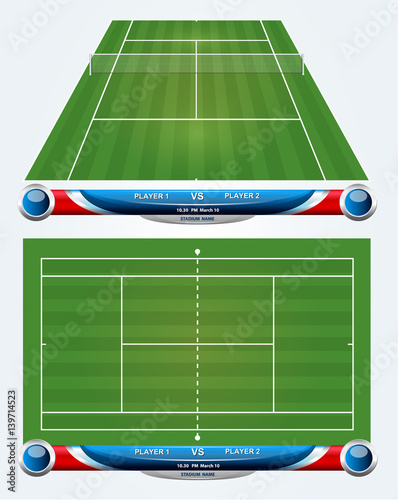 Empty tennis court with set of infographic elements. Vector illustration.