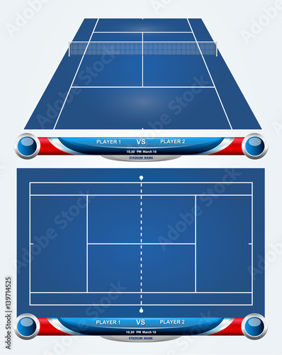 Empty tennis court with set of infographic elements. Vector illustration.