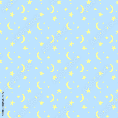 Seamless pattern with sky, stars, moon. Doodle background for baby shower, greeting card.