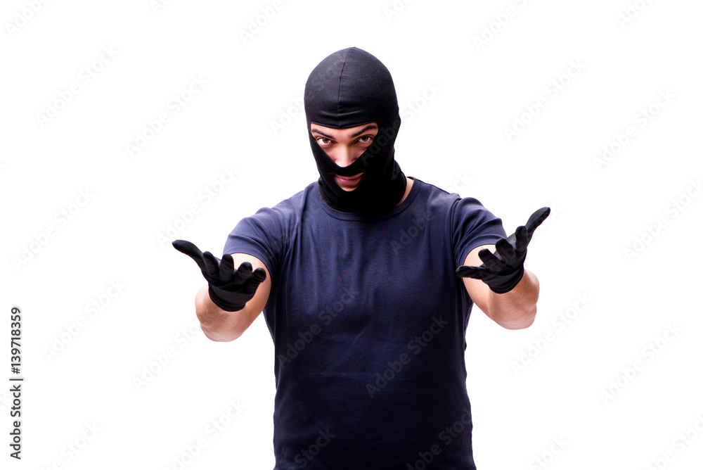 Robber wearing balaclava isolated on white Robber wearing balaclava isolated on white