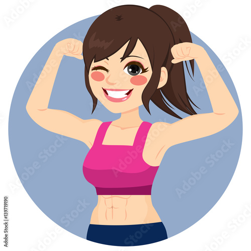 Beautiful strong brunette female athletic fitness woman pumping up muscles
