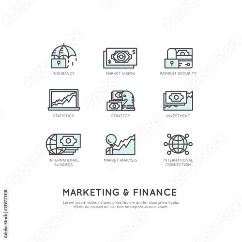 Vector Icon Style Illustration of Marketing and Finance, Business Vision, Investment, Management Process, Finance Job, Income, Revenue Source, Marketing Skill, Isolated Minimalistic Objects