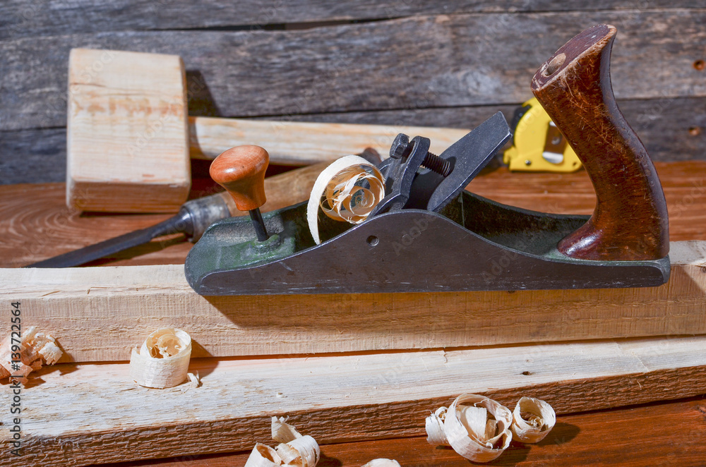 Planer carpenter's tool on a workbench Planer carpenter's tool on a workbench
