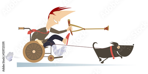 Dog hauling a sick man in the wheelchair by the rope. Comic man with bandage on the broken leg sitting in the wheelchair and points a dog, hauling him by rope, there to go using a crutch
