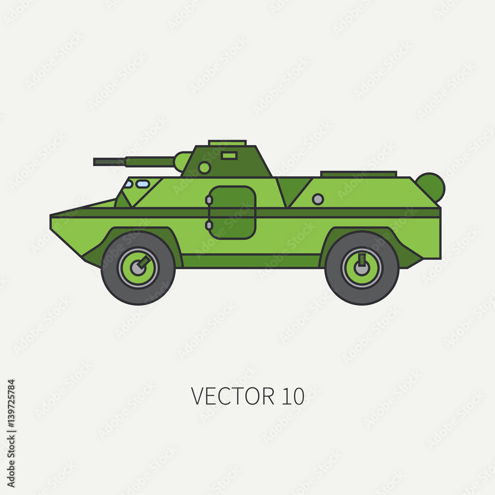 Line flat color vector icon infantry assault armored army truck. Military amphibious vehicle. Cartoon vintage style. Soldiers. Tractor unit. Tow auto. Simple. Illustration and element for your design.