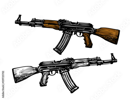 Weaponry, armament symbol. Automatic machine AK 47. Kalashnikov assault rifle, sketch. Vector illustration