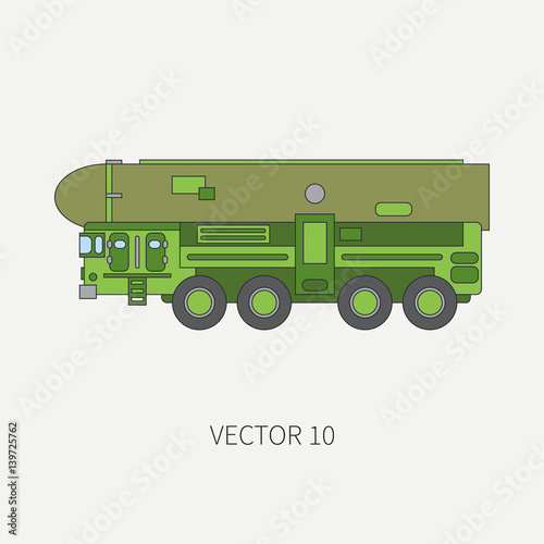Line flat color vector icon armored reactive systems of salvo army truck. Military vehicle. Cartoon vintage style. Missiles. Tractor unit. Tow auto. Simple. Illustration and element for your design.