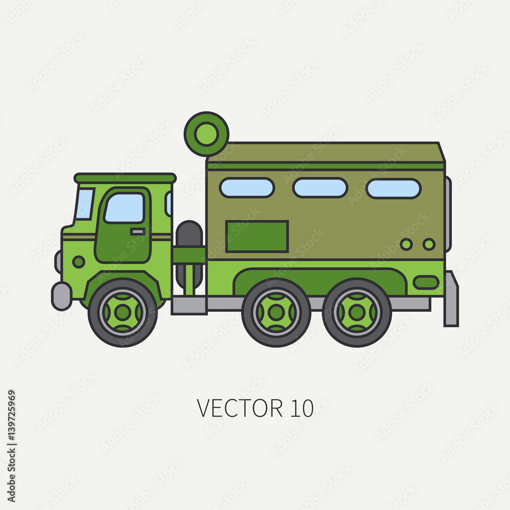 Line flat color vector icon armored wagon army truck. Military vehicle. Cartoon vintage style. Autonomous mobile command post. Tractor unit. Tow auto. Simple. Illustration and element for your design.
