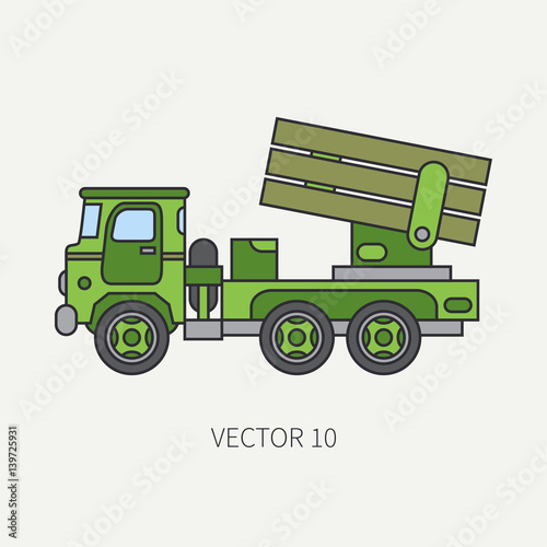 Line flat color vector icon armored reactive systems of salvo army truck. Military vehicle. Cartoon vintage style. Missiles. Tractor unit. Tow auto. Simple. Illustration and element for your design.