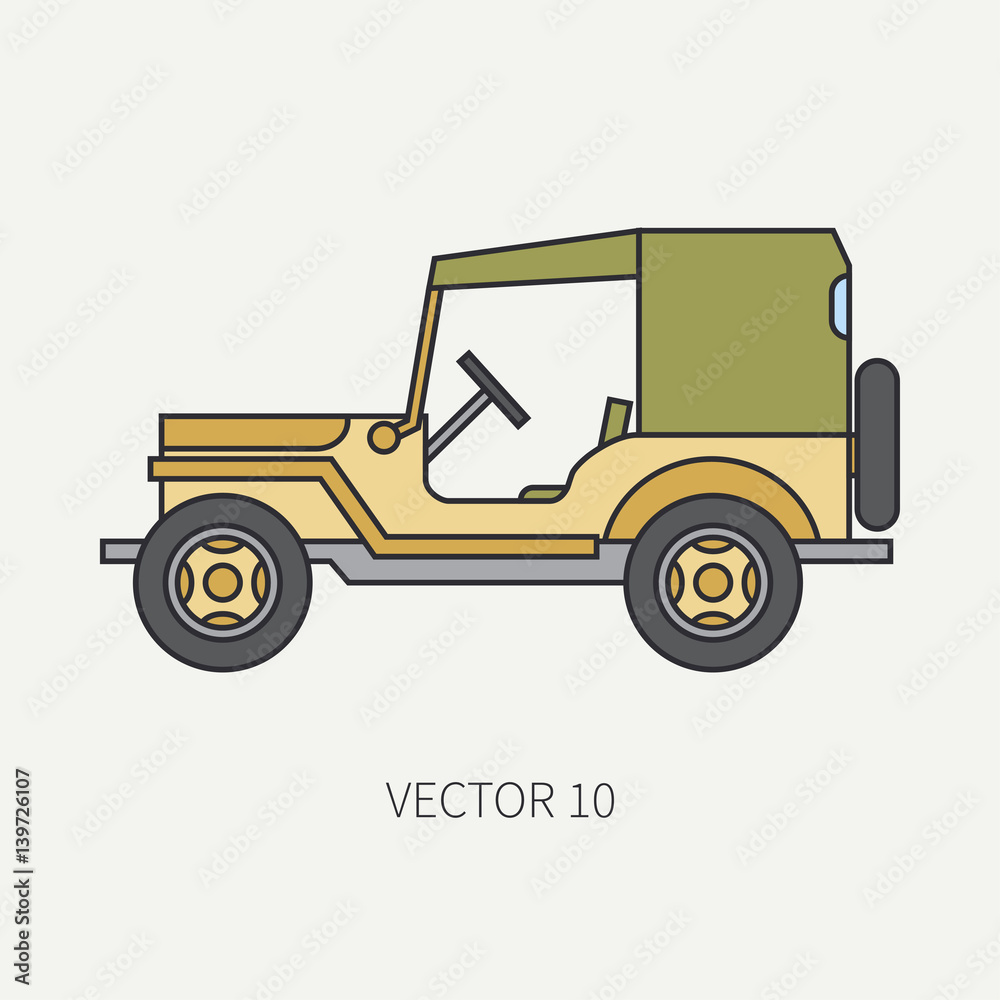 Line flat color vector icon service staff tarpaulin body army car. Military vehicle. Cartoon vintage style. Cargo transportation. Tractor unit. Tow. Simple. Illustration and element for your design.