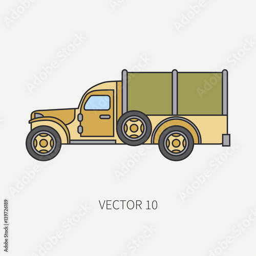 Line flat color vector icon tarpaulin wagon army truck. Military vehicle. Cartoon vintage style. Cargo and soldiers transportation. Tractor unit. Tow. Simple. Illustration and element for your design.