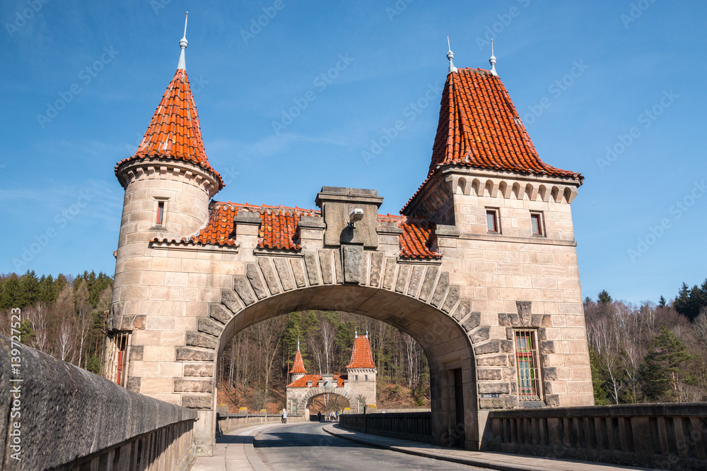 The tower dam - Kingdom of forest (Les Království) reservoir in the Czech Republic.