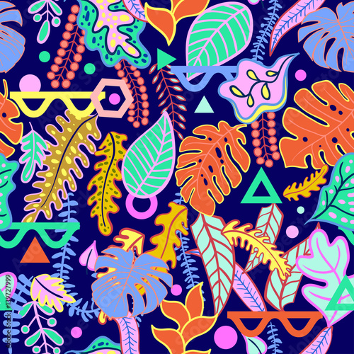 Tropical vibrant background with tropical leaves print seamless pattern. Vibratory pink colors of the jungle in the style of memphis, punk, neurofunk, trance, rave. Fashionable decorative textures