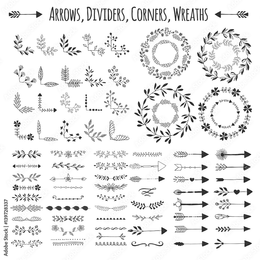 Set of vector arrows, wreaths, corners and dividers. Hand drawn design elements.