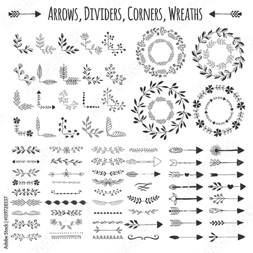 Set of vector arrows, wreaths, corners and dividers. Hand drawn design elements.