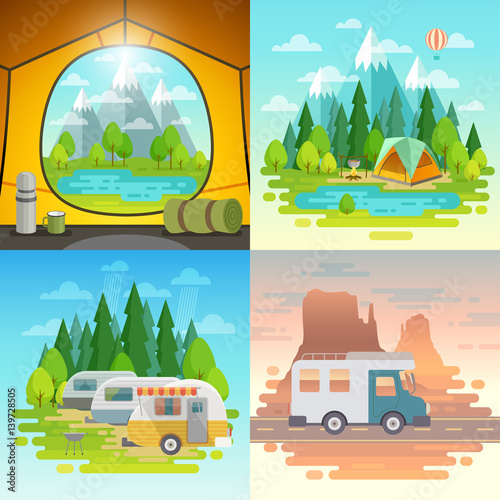 Camping concept, tent, caravan, house on weels.