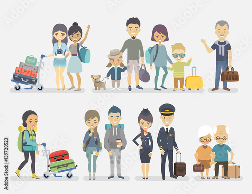 Traveling people, family, friends, couple, seniors, adventurers with baggage.