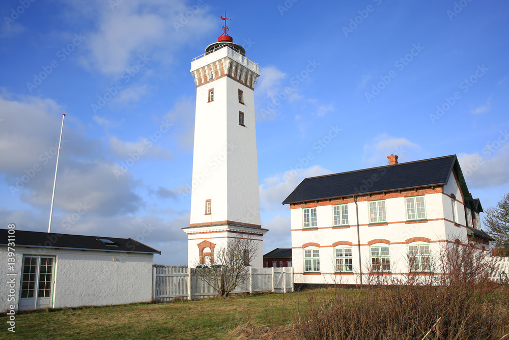 The historic Helnaes Lighthouse on Fyn Island, Denmark