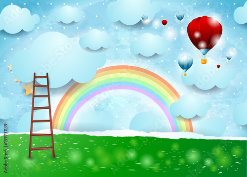 Surreal landscape with ladder and hot air balloons