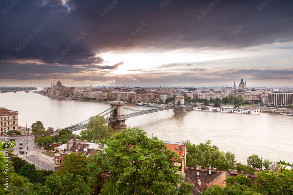 Panoramic view of Budapest from the Buda coast. View of St. Stephen's Basilica and Chain Bridge at sunset. Hungary