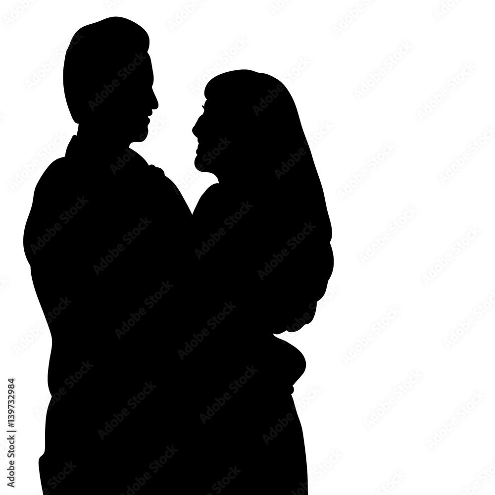 Vector, silhouette of guy and girl hugging, portrait isolated