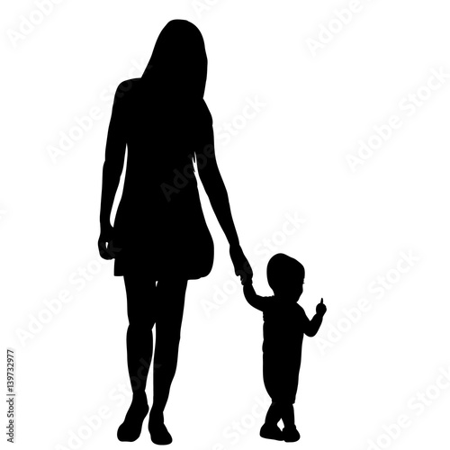 Vector, silhouette of mom walking by the hand with the child