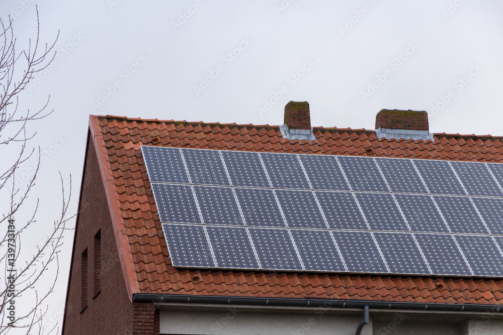 Fototapeta premium Dach mit Solaranlage bei grauem Himmel