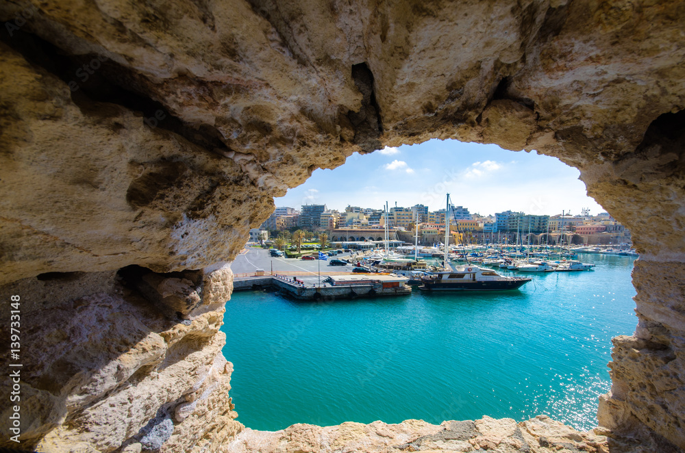 View of Heraklion harbour from the old venetian fort Koule, Crete, Greece