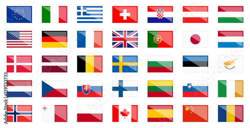 flags of different countries with reflection