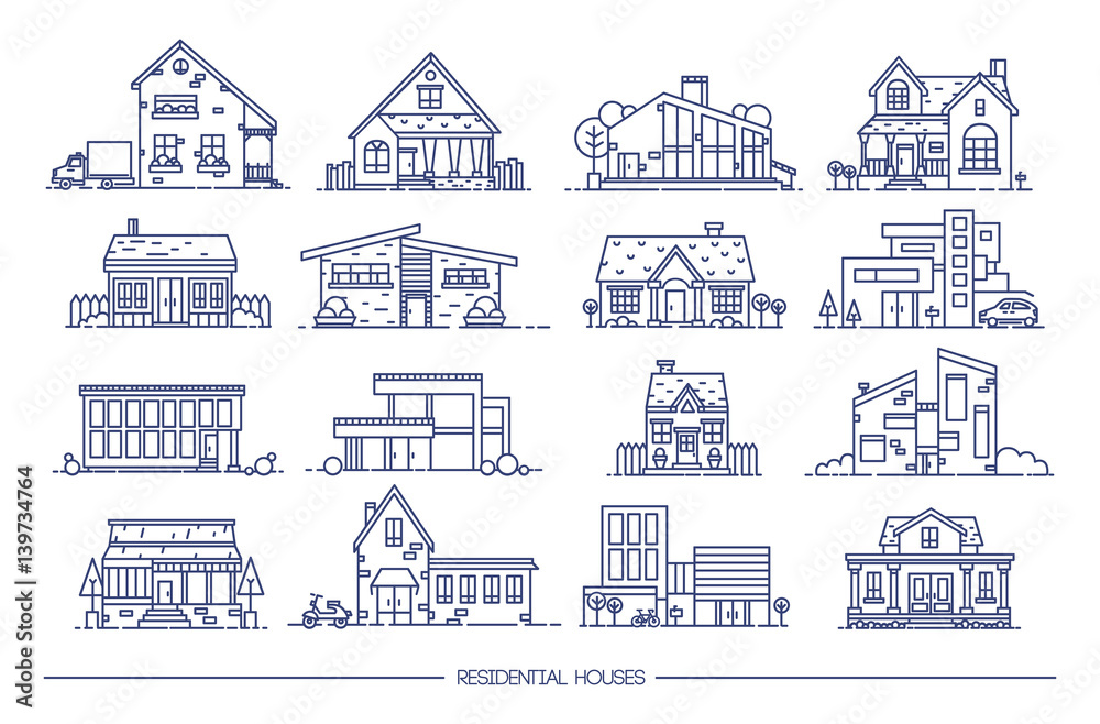 Line art residential house collection. Set of flat style. Contour vector illustration.