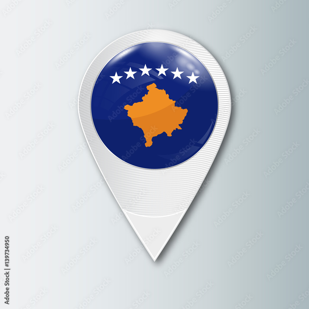 Pointer with the national flag of Kosovo in the ball with reflection. Tag to indicate the location. Realistic vector illustration. Pointer with the national flag of Kosovo in the ball with reflection. Tag to indicate the location. Realistic vector illustration.