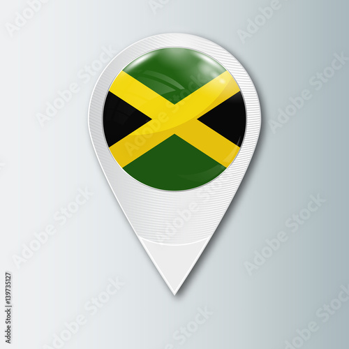 Pointer with the national flag of Jamaica in the ball with reflection. Tag to indicate the location. Realistic vector illustration.
