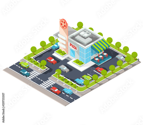 Vector isometric illustration of a modern Italian fast food restaurant with parking.