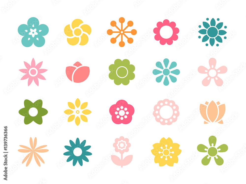 Bright ornamental shapes of the flowers. Flat floral elements for garden design or funny women's and children's prints. Bright ornamental shapes of the flowers. Flat floral elements for garden design or funny women's and children's prints.