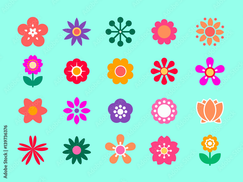 Bright ornamental shapes of the flowers. Flat floral elements for garden design or funny women's and children's prints. 