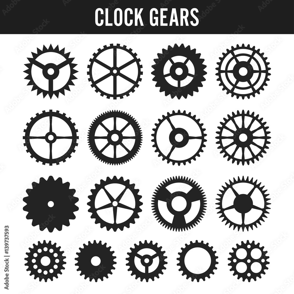 Vector Clock Gears. Black Icons Isolated On White Background.