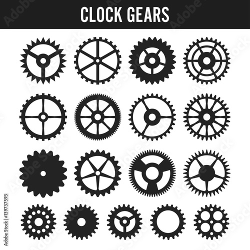 Vector Clock Gears. Black Icons Isolated On White Background.
