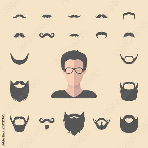 Big vector set of dress up constructor with different men hipster beard, mustache in flat style. Male faces icon creator