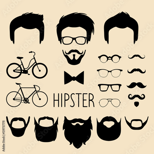 Big vector set of dress up constructor with different men hipster haircuts, glasses, beard etc. Male faces icon creator.