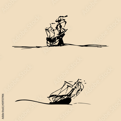 Vector set of sailing ships in the sea in ink line style. Hand sketched old galleon and schooner. Marine theme design