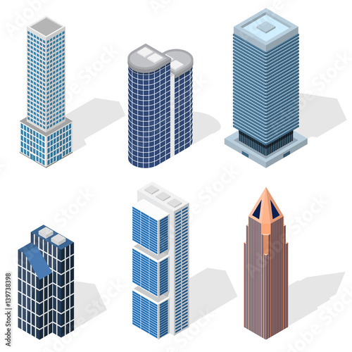 Skyscraper Building Set Isometric View. Vector
