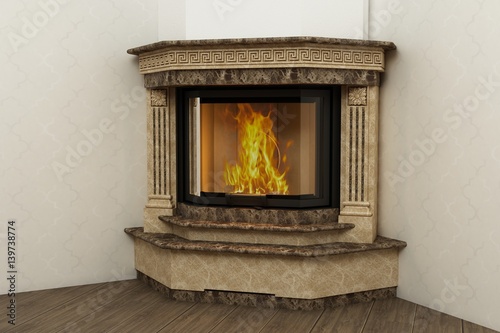 Fireplace in the light interior of home photo