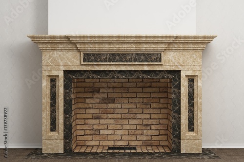 Fireplace in the light interior of home photo