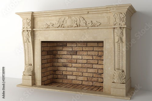 Fireplace in the light interior of home photo