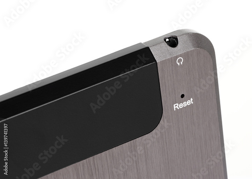 Tablet black silver metal on white background product back details