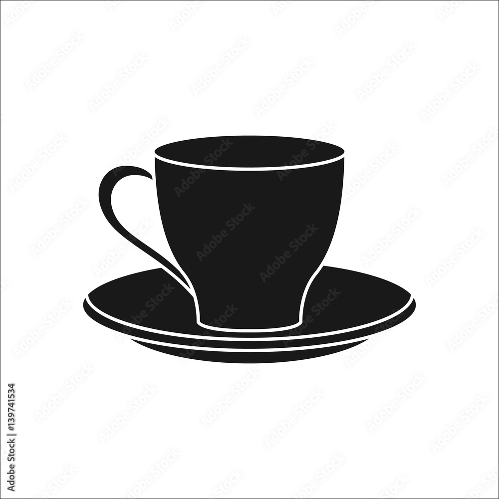 Tea or coffee Cup on plate simple silhouette icon on background Tea or coffee Cup on plate simple silhouette icon on background