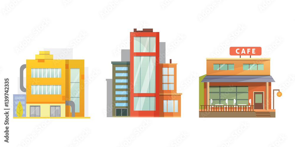 Flat design of retro and modern city houses. Old buildings, skyscrapers. colorful cottage building, cafe house. Flat design of retro and modern city houses. Old buildings, skyscrapers. colorful cottage building, cafe house.