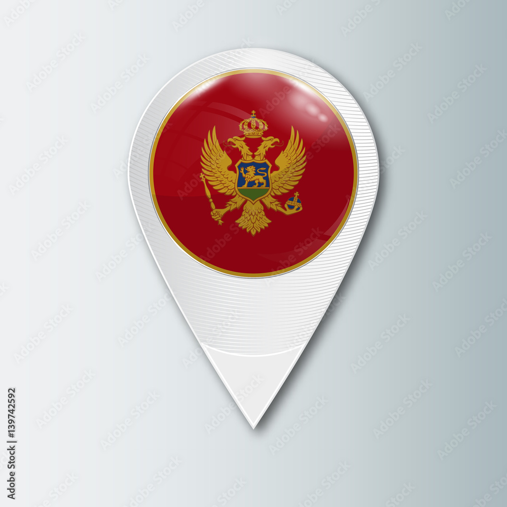 Pointer with the national flag of Montenegro in the ball with reflection. Tag to indicate the location. Realistic vector illustration. Pointer with the national flag of Montenegro in the ball with reflection. Tag to indicate the location. Realistic vector illustration.