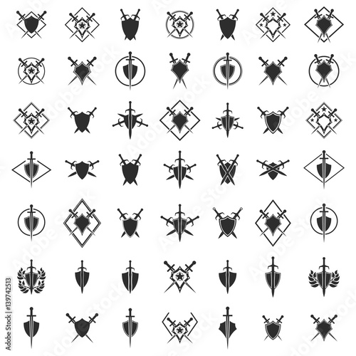 Set of abstract shield and sword icon.