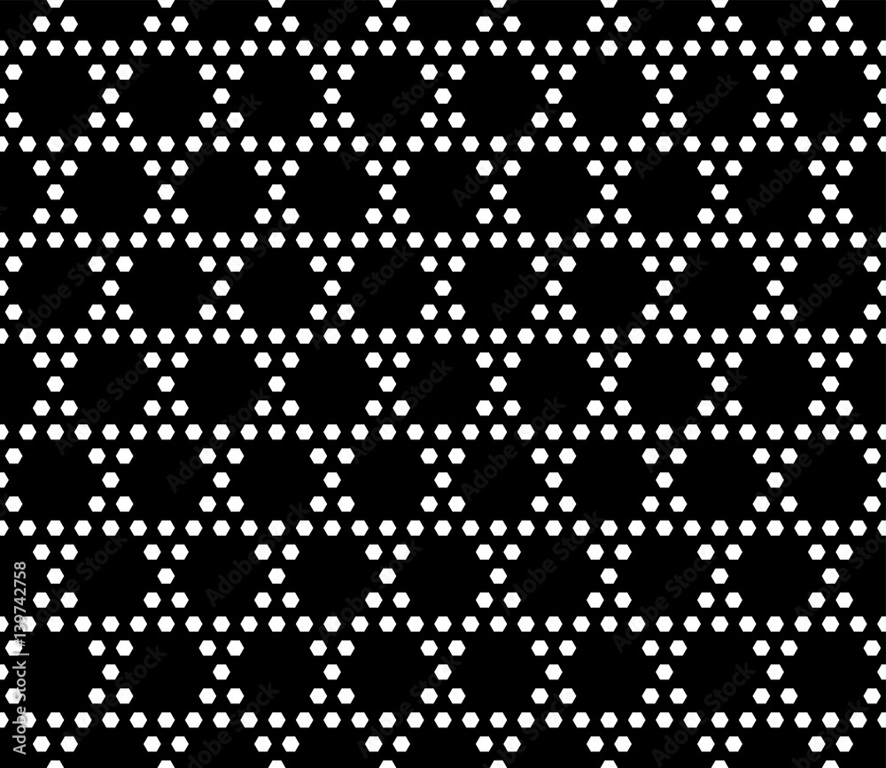 Vector monochrome seamless pattern. Simple geometric texture with small hexagons. Black and white illustration, hexagonal grid. Repeat dark abstract geometrical background. Design for textile, prints